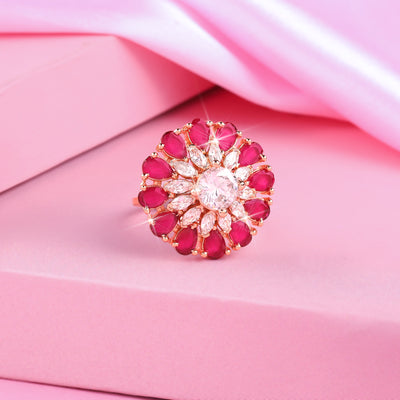 Estele Rose Gold Plated CZ Adjustable Fascinating Ruby Finger Ring for Women