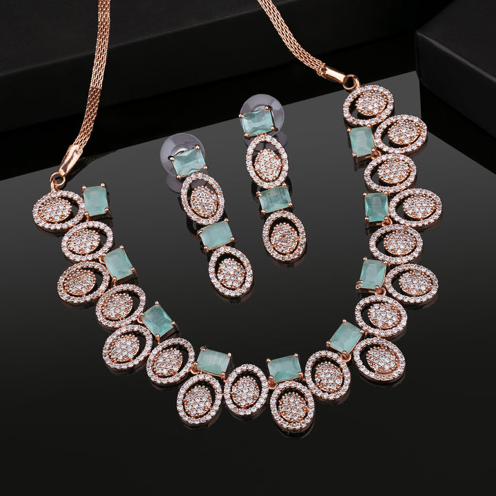 Estele Rose Gold Plated CZ Fascinating Necklace Set with Mint Green Crystals for Women