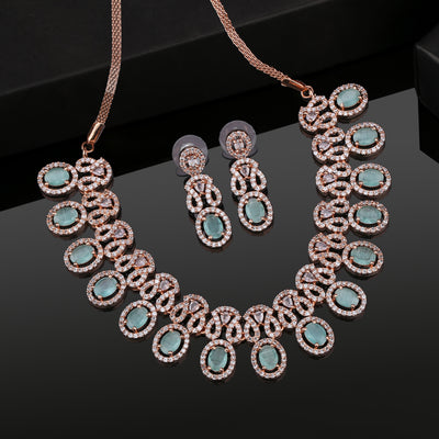 Estele Rose Gold Plated CZ Sparkling Necklace Set with Mint Green Crystals for Women