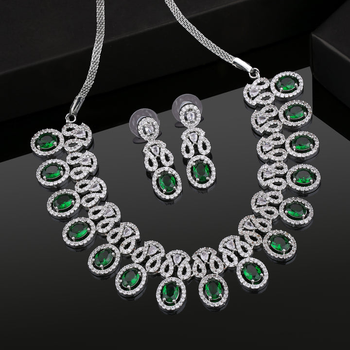 Estele Rhodium Plated CZ Gorgeous Necklace Set with Green Crystals for Women