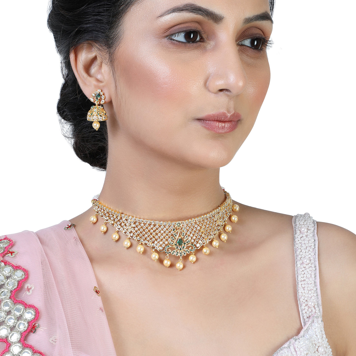 Estele Gold Plated CZ Traditional Bridal Choker Set with Pearls & Green Crystals for Women