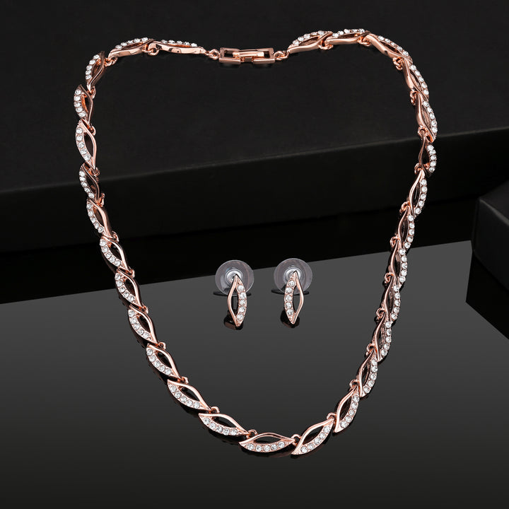 Estele Rose Gold Plated Leaf Designer Necklace Set with Crystals for Women