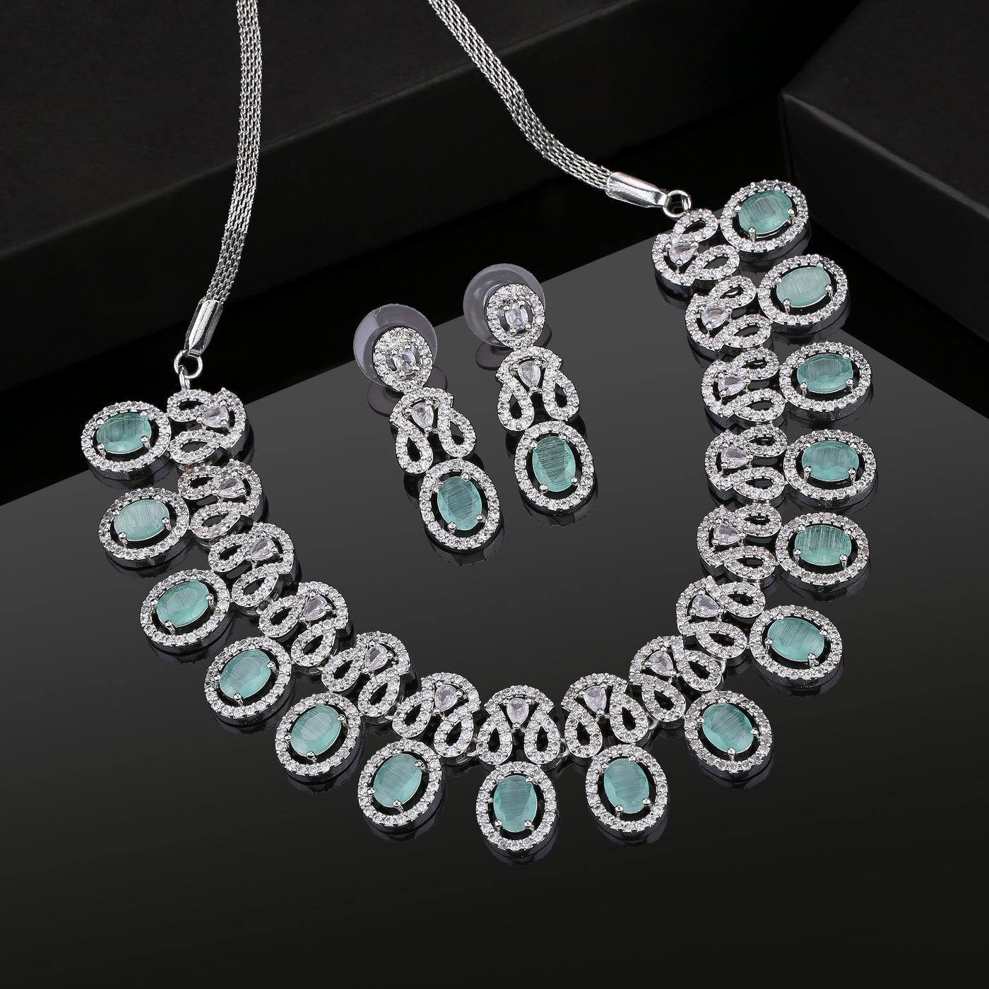 Estele Rhodium Plated CZ Fascinating Necklace Set with Mint Green Crystals for Women