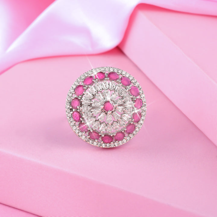 Estele Rhodium Plated CZ Adjustable Magnificent Ruby Finger Ring for Women