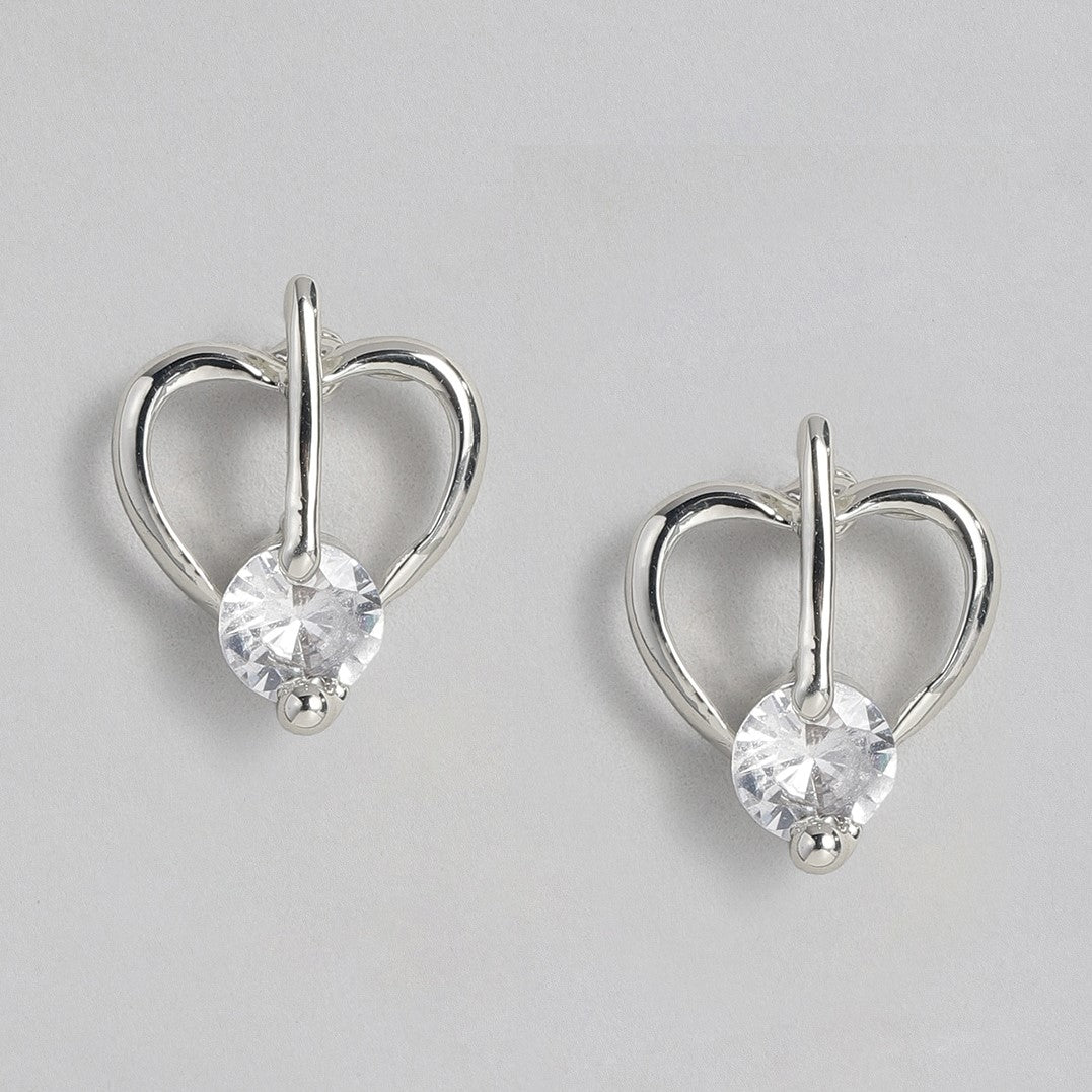 Estele Rhodium Plated American Diamond Heart Stud Earrings for Women