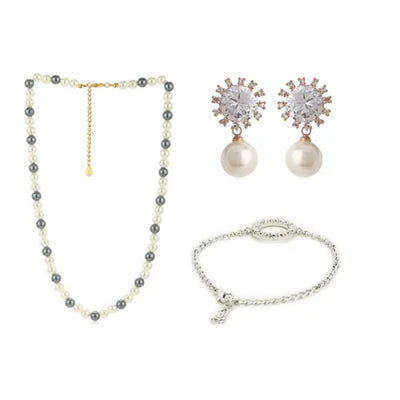 Classic Pearl Necklace, Earrings And Bracelet Combo