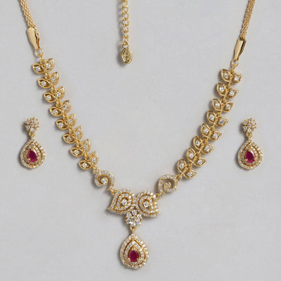 ESTELE - Gold plated Paisley crush Necklace with American diamond and cz ruby