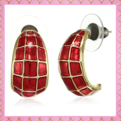 Estele Gold Plated Red enamel checkered Stud Earrings for women