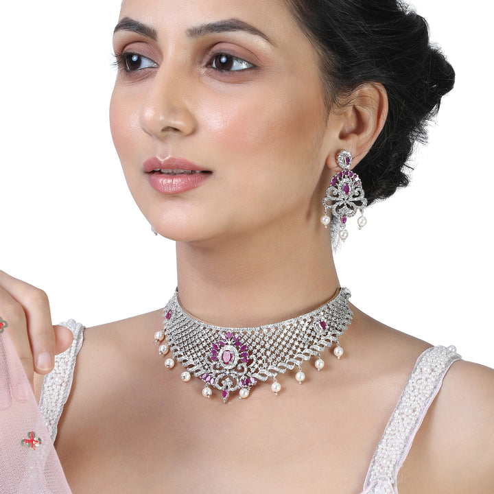 Estele Rhodium Plated CZ Traditional Bridal Choker Set with Pearls & Ruby Crystals for Women