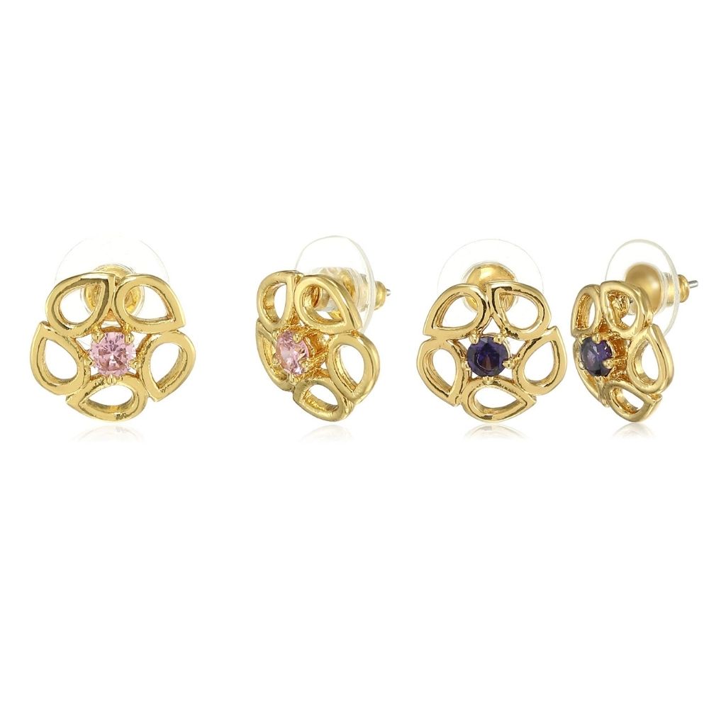 Estele Valentine Gift American Diamond Floral Stud Earrings(BLUE & PINK)