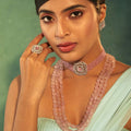 Estele Rhodium Plated CZ Square Shaped Mint Pink Choker Necklace Set For Women