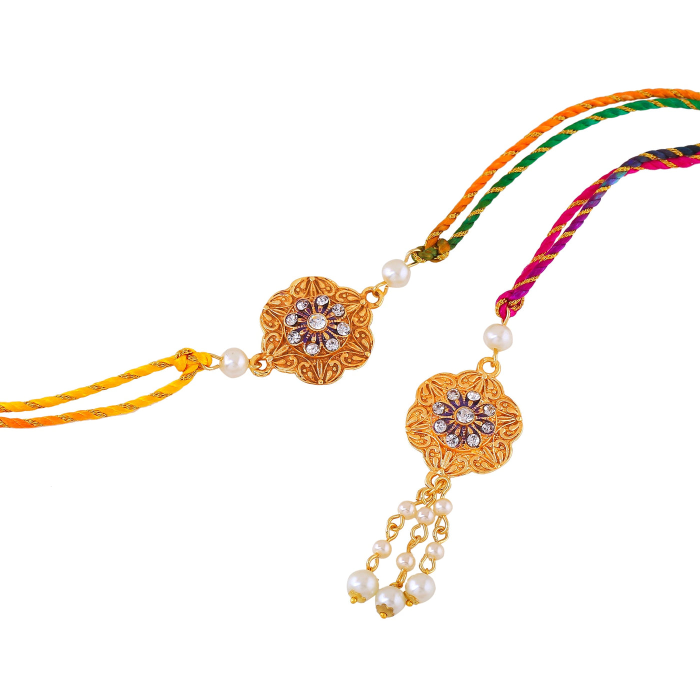 Estele Rakshabandhans Beautiful Gold Plated and White Austrian Crystals with pearls Bhaiya & Bhabhi Rakhi Set