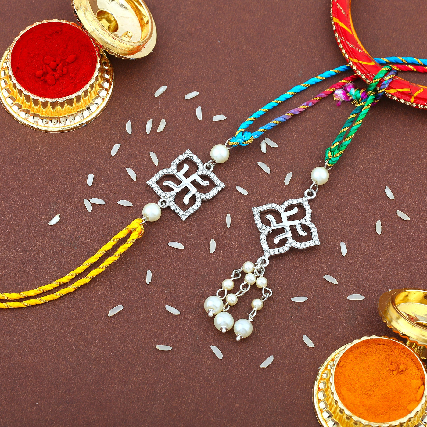 Estele Rhodium Holy Swastik White Austrian Crystals and Pearls Rakshabandhan Bhaiya Bhabhi Rakhi Set