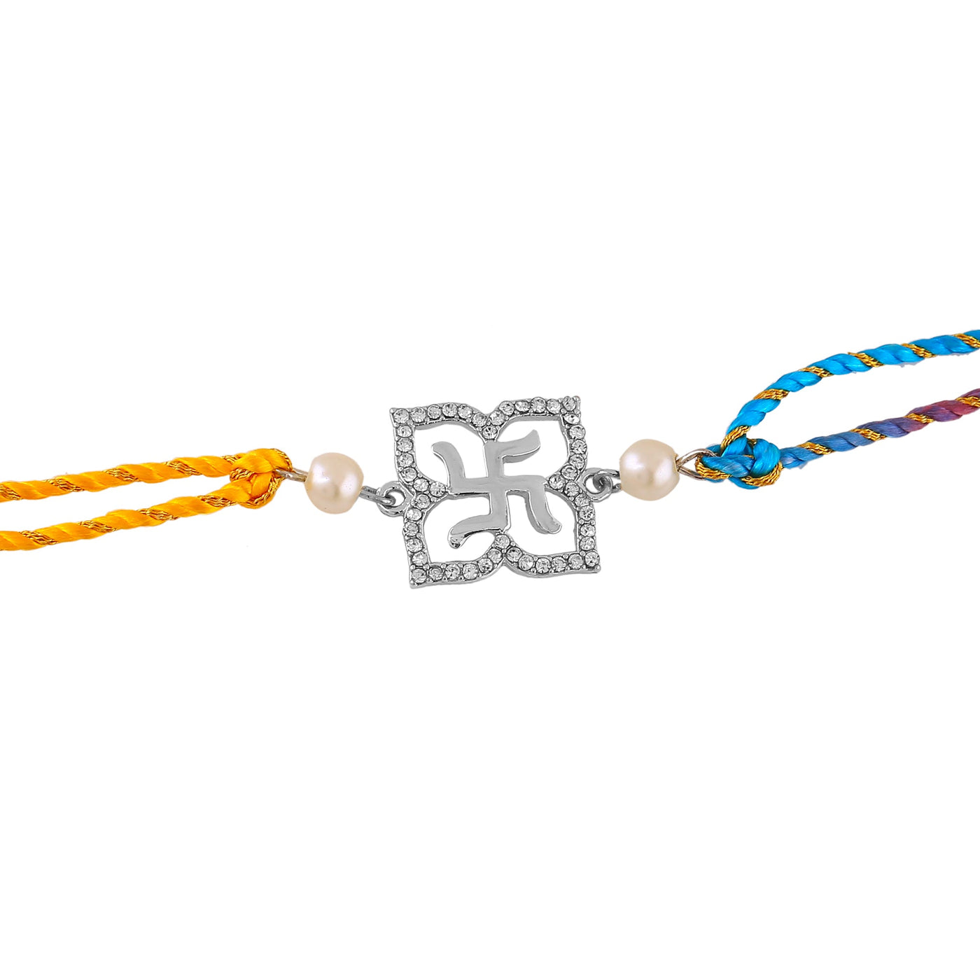 Estele Rhodium Holy Swastik White Austrian Crystals and Pearls Rakshabandhan Bhaiya Bhabhi Rakhi Set