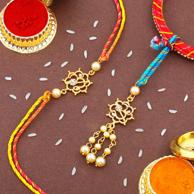 Estele Om Floral Design with Gold Plated Austrian Crystals and white Pearls Bhaiya Bhabhi Rakhi set