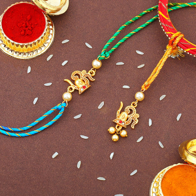 Estele Gold Plated Divine Lord Shiva with OM Symbol Rakhi Set for Bhaiya Bhabhi with Pearls and Multi-Colored Silk Thread