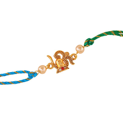 Estele Gold Plated Divine Lord Shiva with OM Symbol Rakhi Set for Bhaiya Bhabhi with Pearls and Multi-Colored Silk Thread