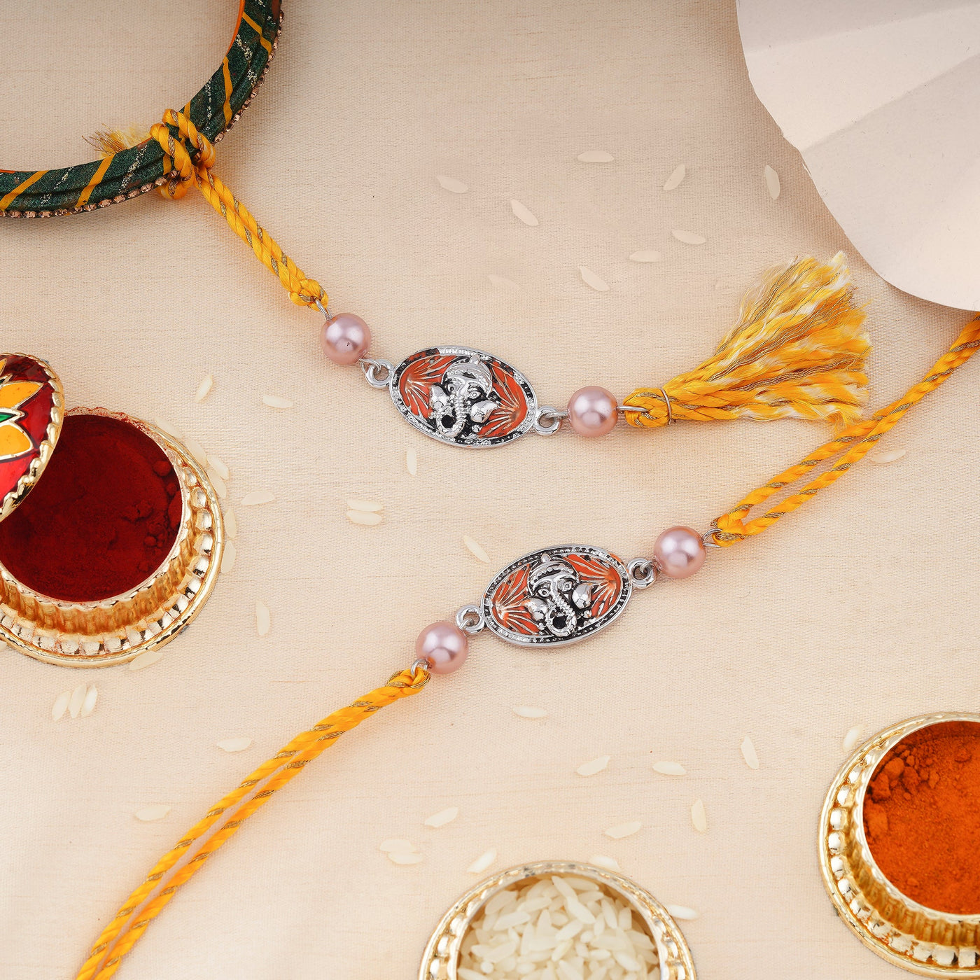 Estele Silver Oxidized Plated Blessed Ganapati Ji Rakhi Set for Bhaiya Bhabhi with Pearls and Fancy Silk Thread