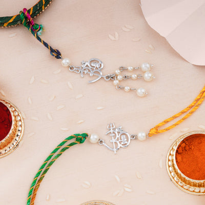 Estele Rhodium Plated Shivay OM Rakhi Set for Bhaiya Bhabhi with White Pearls and Multi-Colored Silk Thread
