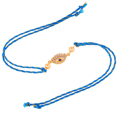 Estele Gold Plated Sacred Evil Eye Rakhi Set for Bhaiya Bhabhi with White & Blue Austrian Crystals and Fancy Silk Thread