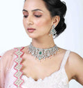 Estele Rhodium Plated CZ Magnificent Bridal Choker Necklace Set with Green Stones & Pearls for Women