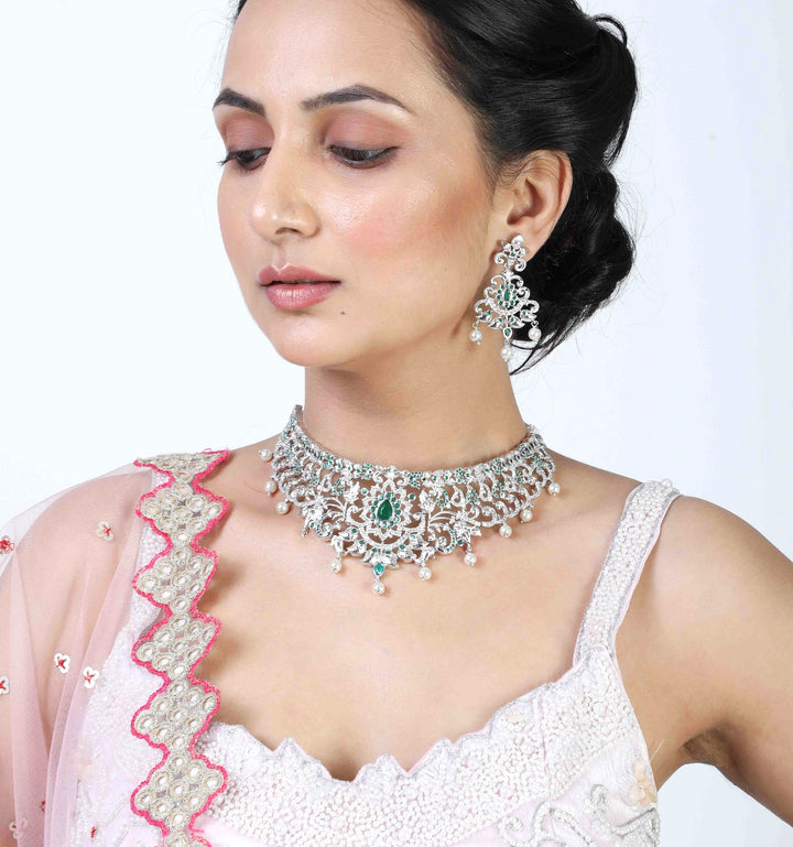 Estele Rhodium Plated CZ Magnificent Bridal Choker Necklace Set with Green Stones & Pearls for Women