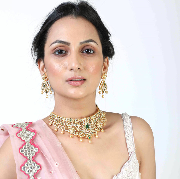 Estele Gold Plated CZ Magnificent Bridal Choker Necklace Set with Green Stones & Pearls for Women