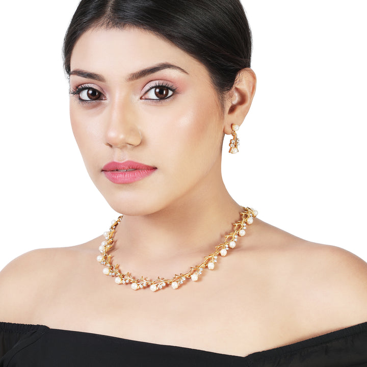 Estele Gold Plated Sparkling White Crystal Stone Necklace set for Women