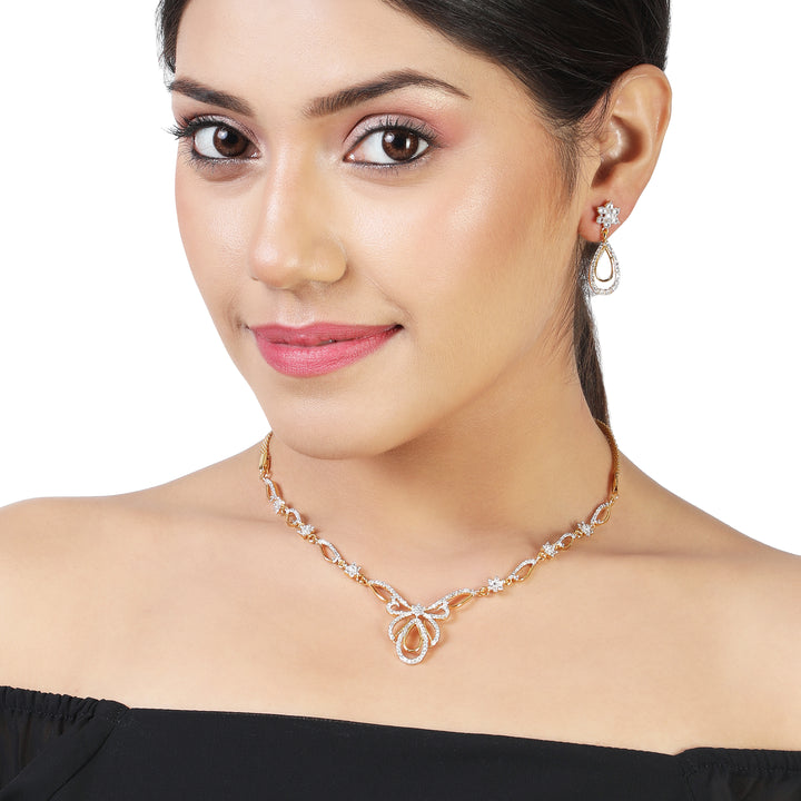 Estele 24 Kt Gold Plated Oval Halo American Diamond Necklace Set For Women