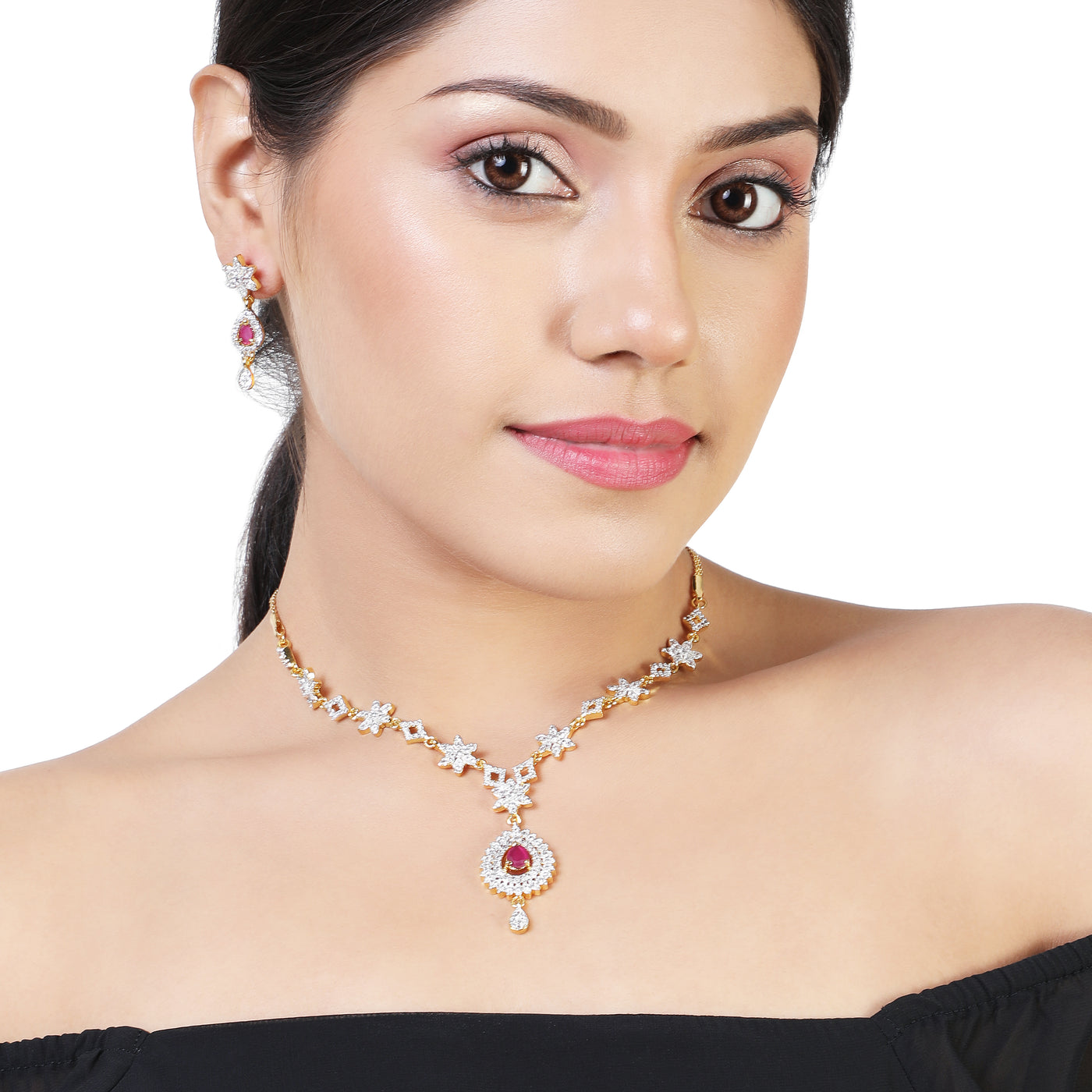 Estele - 24 CT gold plated Necklace Set with Austrian Crystals and Ruby stone drops for Women