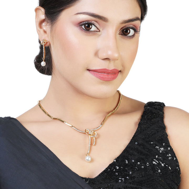 Estele Gold Plated Beautiful Bowline Necklace Set with Pearl for Women
