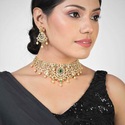 Estele Gold Plated CZ Magnificent Bridal Choker Necklace Set with Green Stones & Pearls for Women