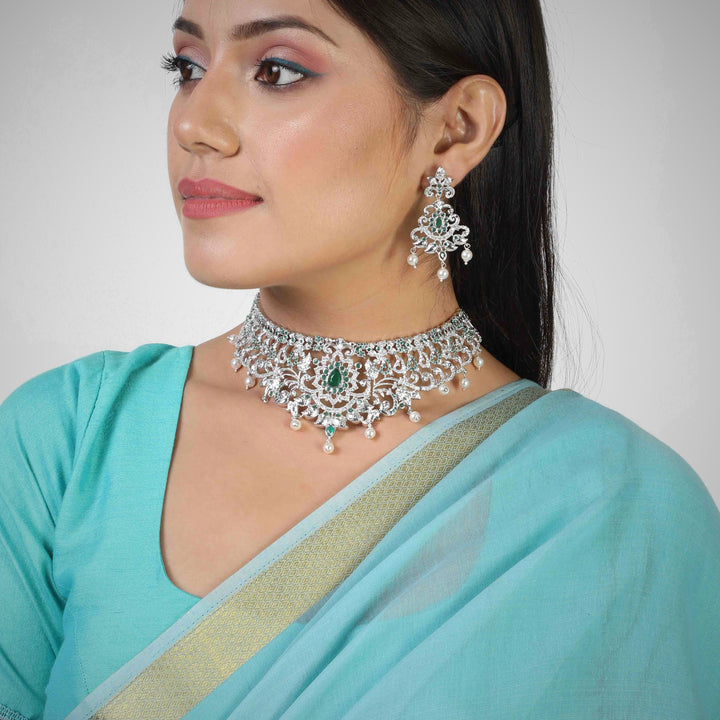 Estele Rhodium Plated CZ Magnificent Bridal Choker Necklace Set with Green Stones & Pearls for Women