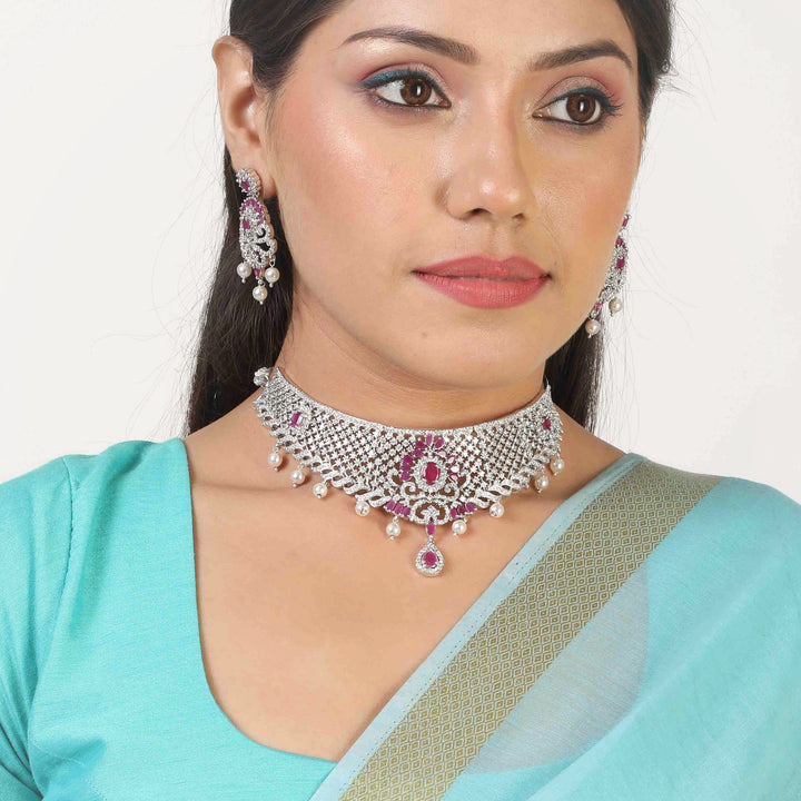 Estele Rhodium Plated CZ Traditional Bridal Choker Set with Pearls & Ruby Crystals for Women