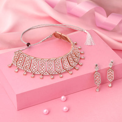 Estele Rosegold Plated Lavish Luxe Designer Choker Style Necklace Set for Women