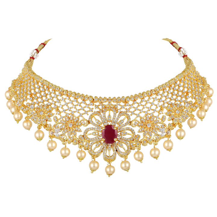 Estele Gold Plated CZ Floral Design Bridal Choker Necklace set with Pearls & Color Stones for Women