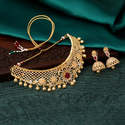 Estele Gold Plated CZ Floral Design Bridal Choker Necklace set with Pearls & Color Stones for Women