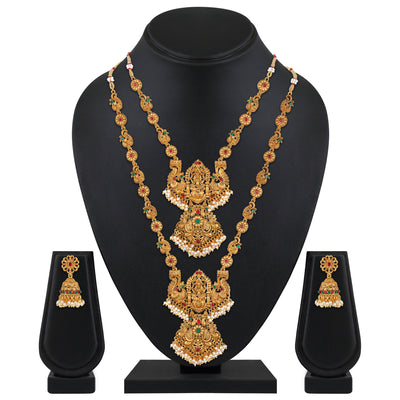 Estele Gold Plated Auspicious Temple Styled Bridal Necklace Set Combo with Color Stones & Pearls for Women