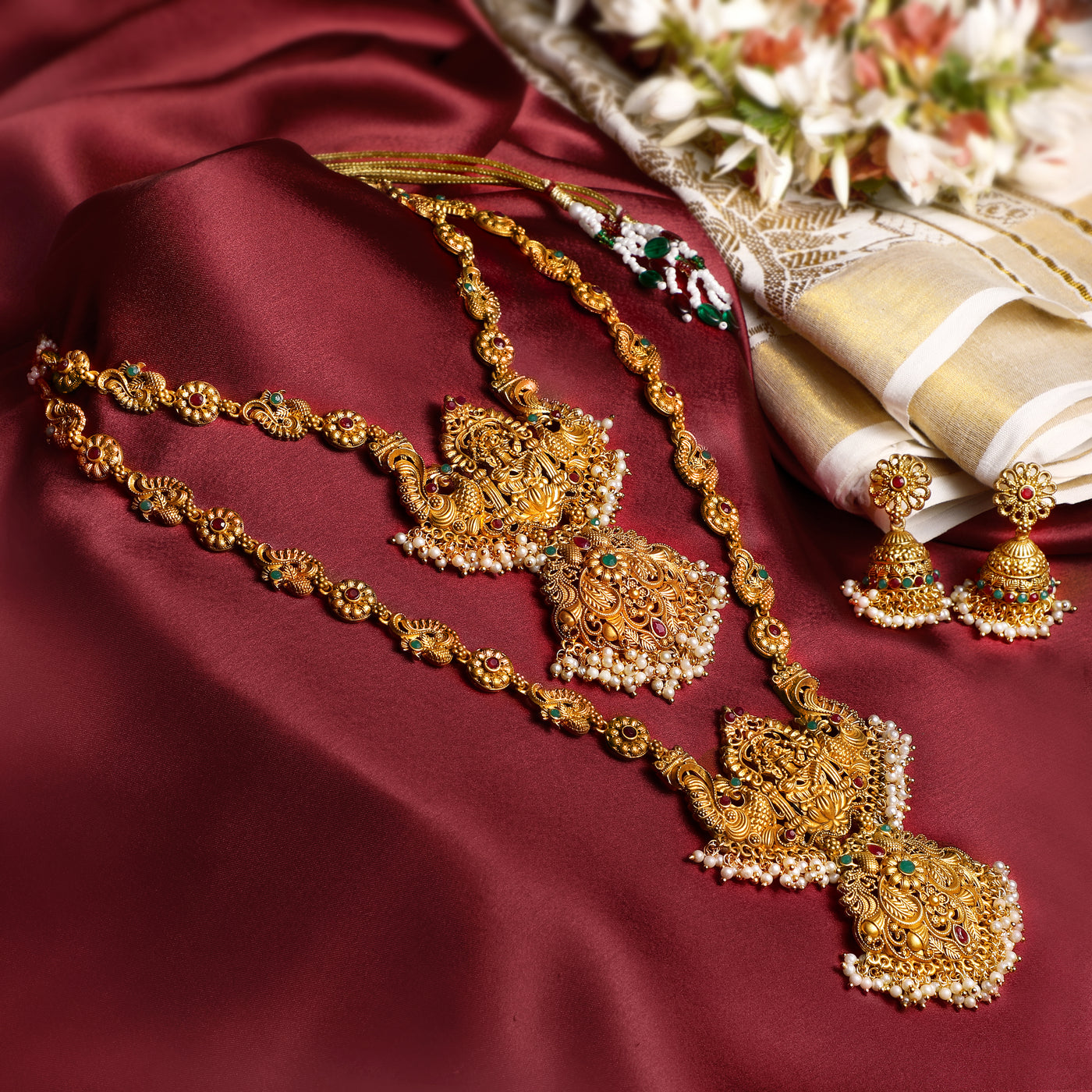 Estele Gold Plated Auspicious Temple Styled Bridal Necklace Set Combo with Color Stones & Pearls for Women
