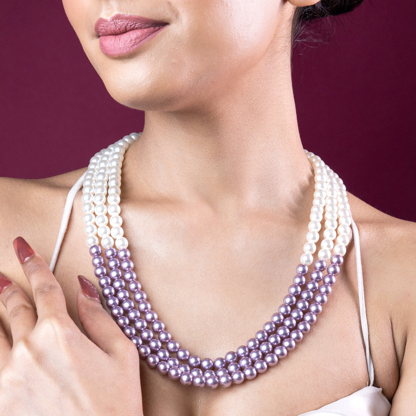 Estele -Handcrafted Purple And White three layered Pearl Necklace