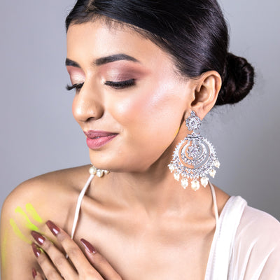 Estele Rhodium Plated CZ Beautiful Maharani Chandbali Earrings for Women