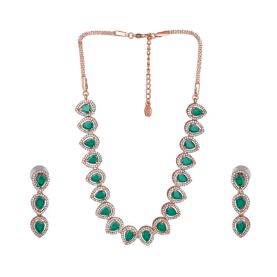 Estele Rose Gold Plated CZ Precious Pears Necklace Set with Green Crystals for Women