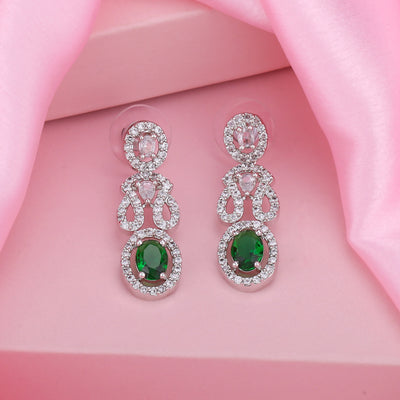 Estele Rhodium Plated CZ Charming Earrings with Green Crystals for Women