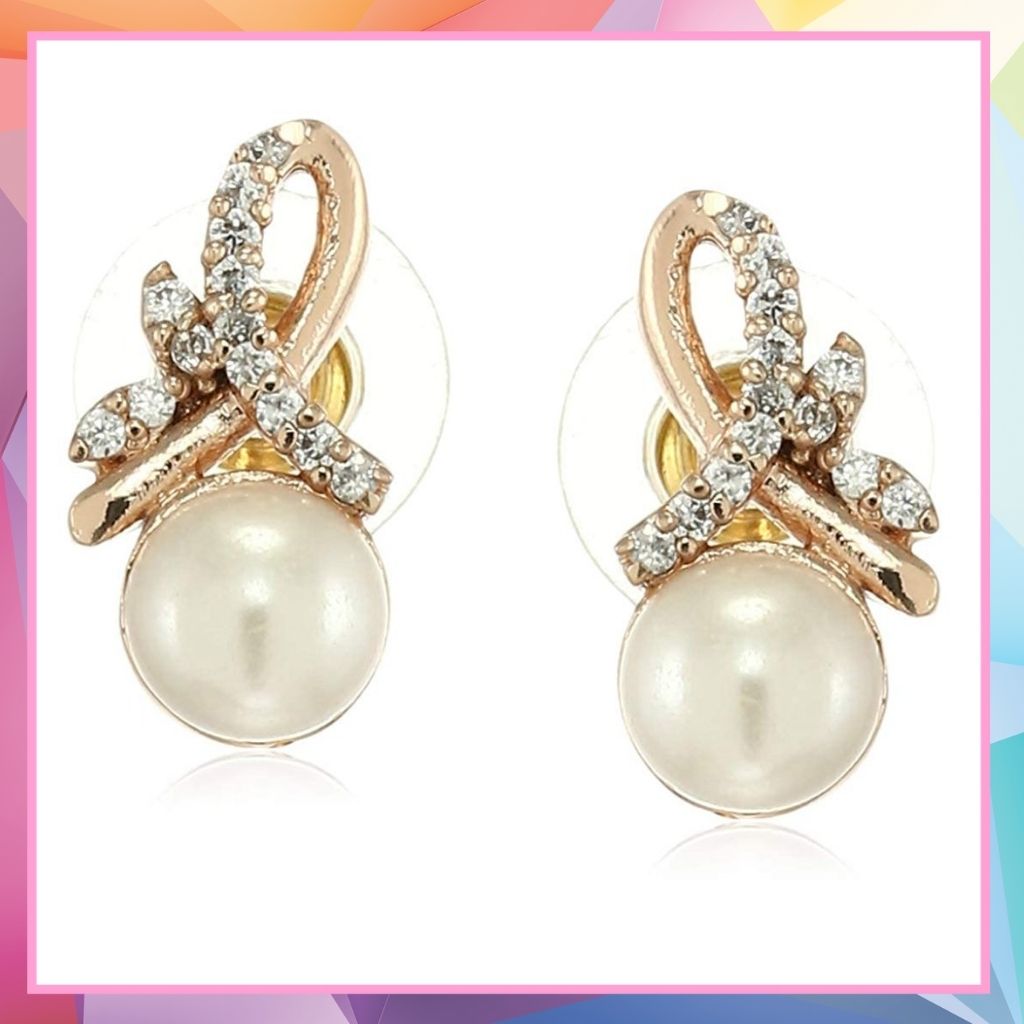 Estele Gold Plated Dazzling Pearl Stud Earrings with Austrian Crystals for Girls and Women