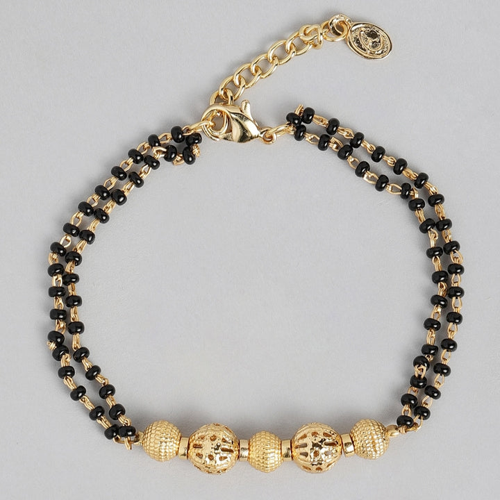 Estele Gold Plated Macrame Bracelet with Black Beads for Women