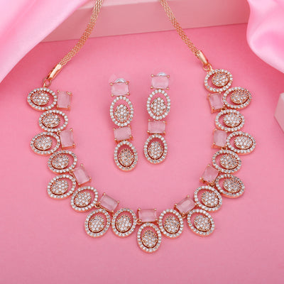 Estele Rose Gold Plated CZ Astonishing Necklace Set with Mint Pink Crystals for Women