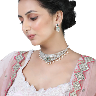 Estele Rhodium Plated CZ Traditional Bridal Choker Set with Pearls & Green Crystals for Women