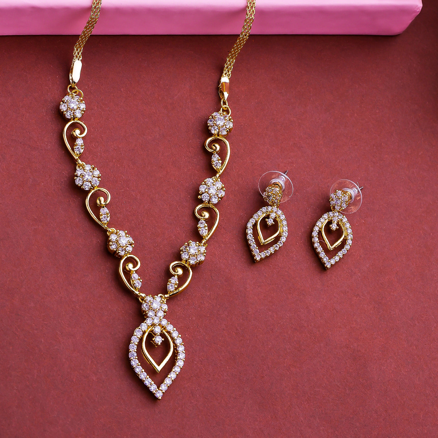 Estele Gold Plated American Diamond CZ Freesia Necklace Set for Women
