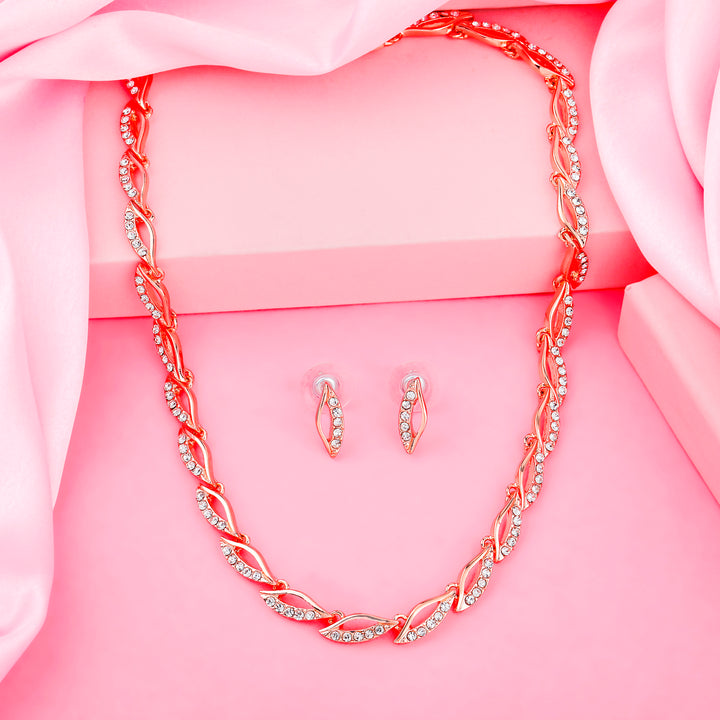 Estele Rose Gold Plated Leaf Designer Necklace Set with Crystals for Women