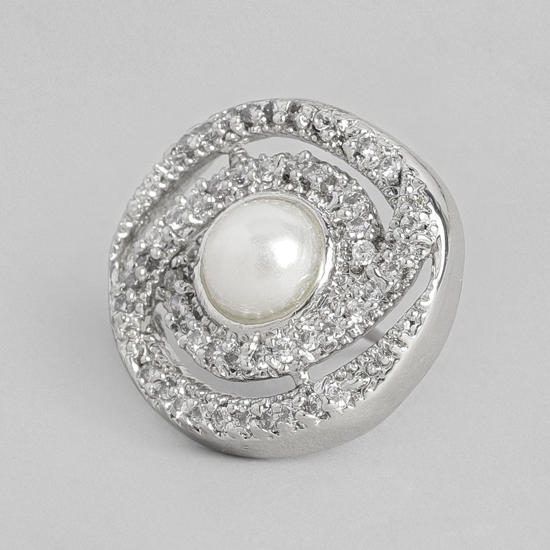 Estele Rhodium Plated American Diamond Pearl Stud Earrings for Women